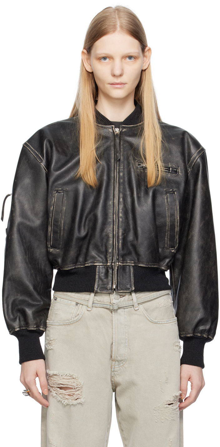 Shop Acne Studios Black Distressed Leather Bomber Jacket In 900 Black