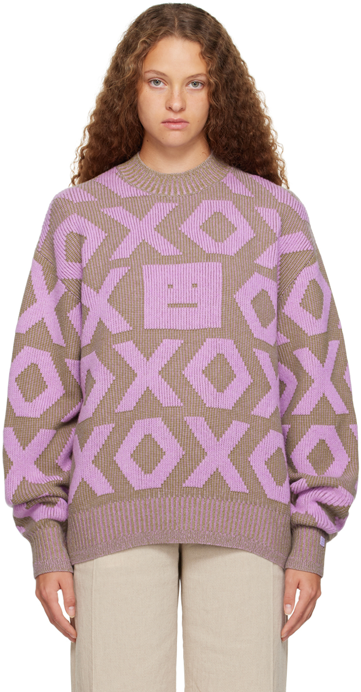 Shop Acne Studios Beige & Purple Jacquard Sweater In Khaki Beige/smoky Pu