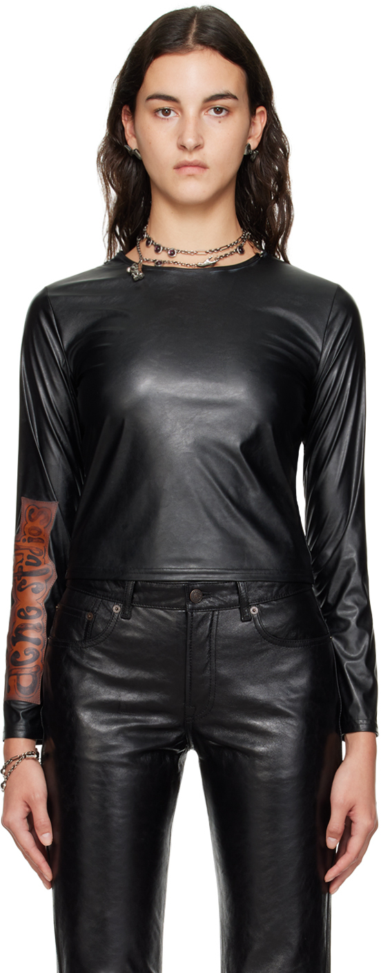 Black Crewneck Faux-Leather Long Sleeve T-Shirt