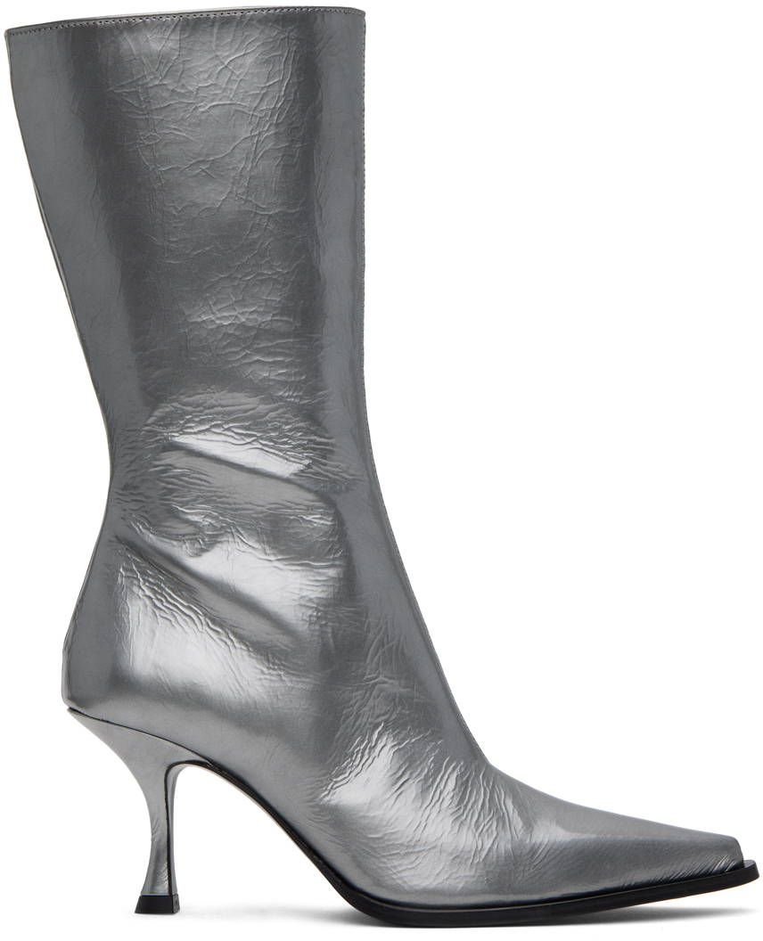 Acne Studios Leather Heel Boots In Silver