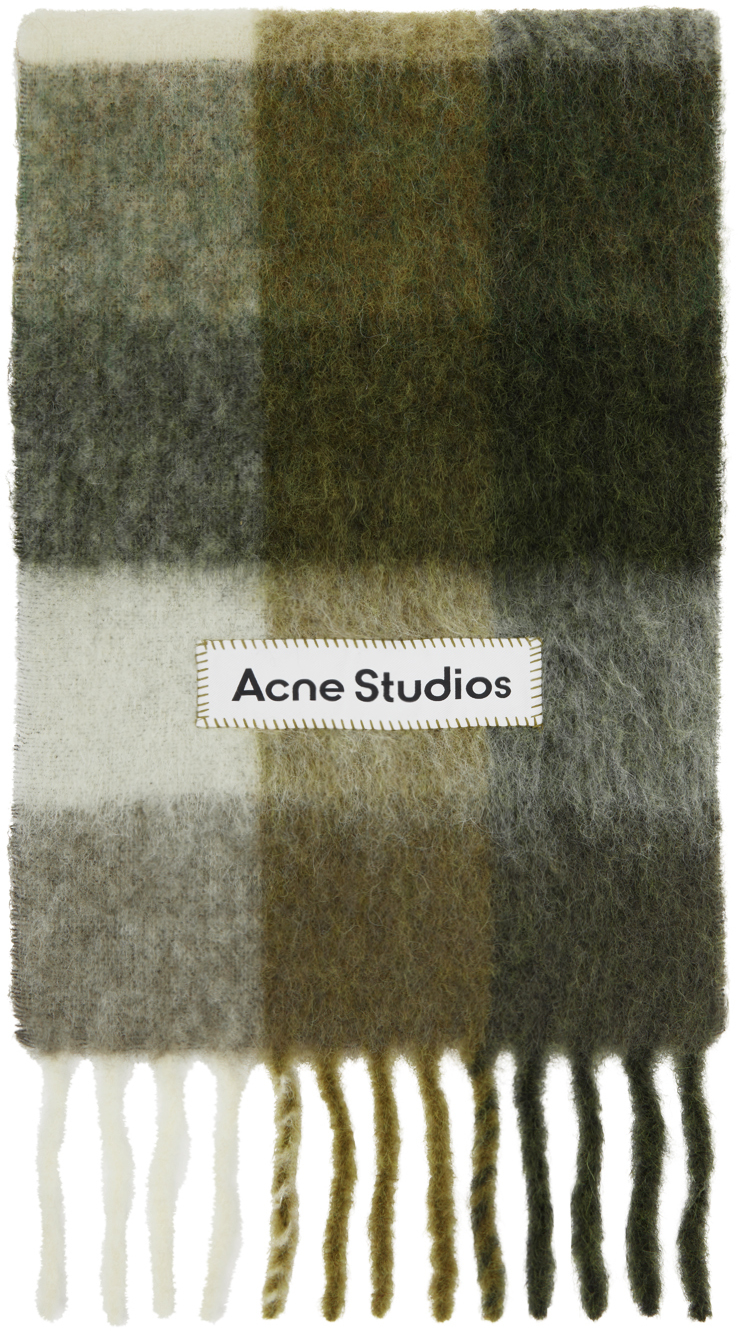 Acne Studios: Taupe & Green Check Scarf | SSENSE Canada