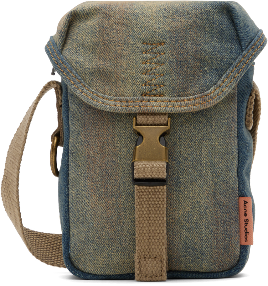 Acne Studios Blue & Beige Mini Denim Pouch Bag In Green
