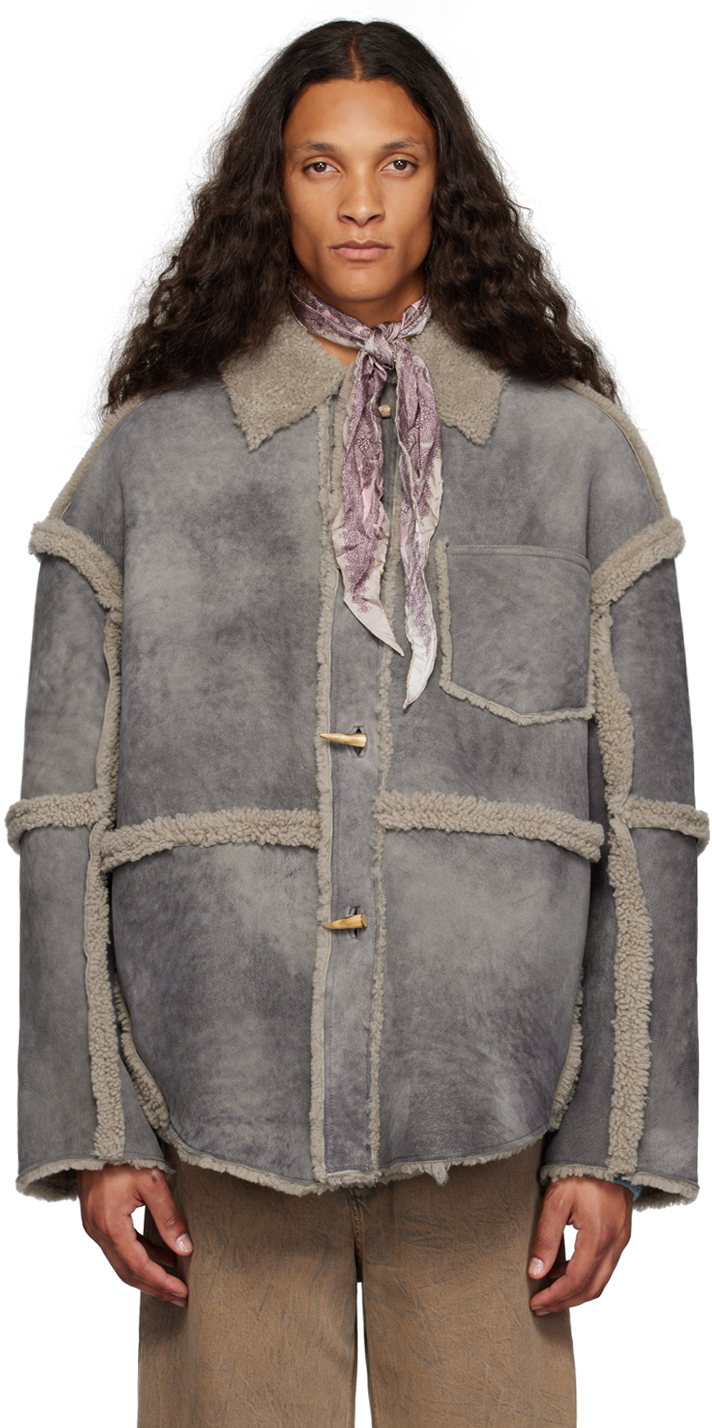 Shop Acne Studios Gray Paneled Shearling Jacket In Aa5 Taupe Grey