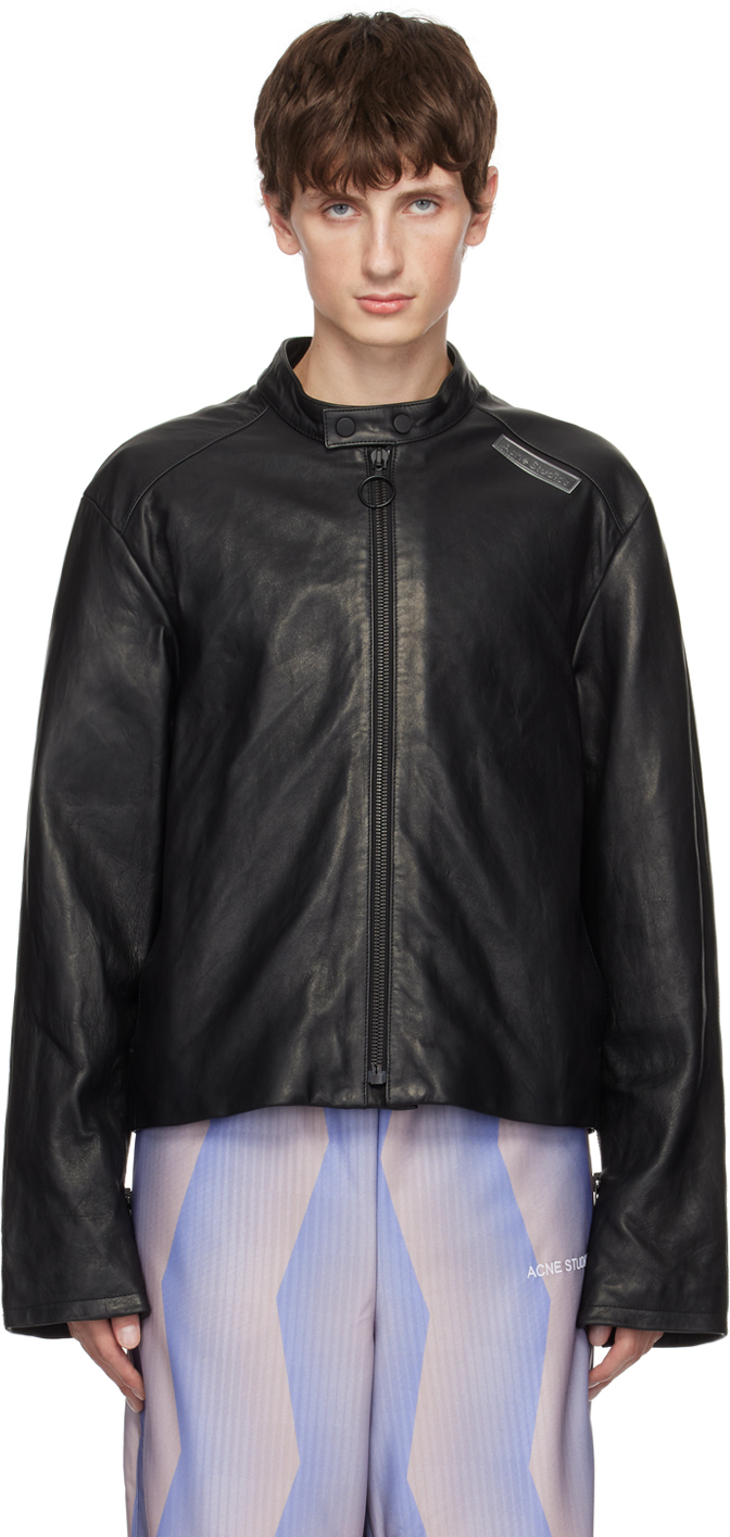 Acne Studios: Black Embossed Leather Jacket | SSENSE UK