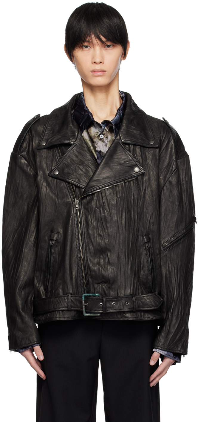 Acne Studios Black Crinkled Leather Jacket In 900 Black