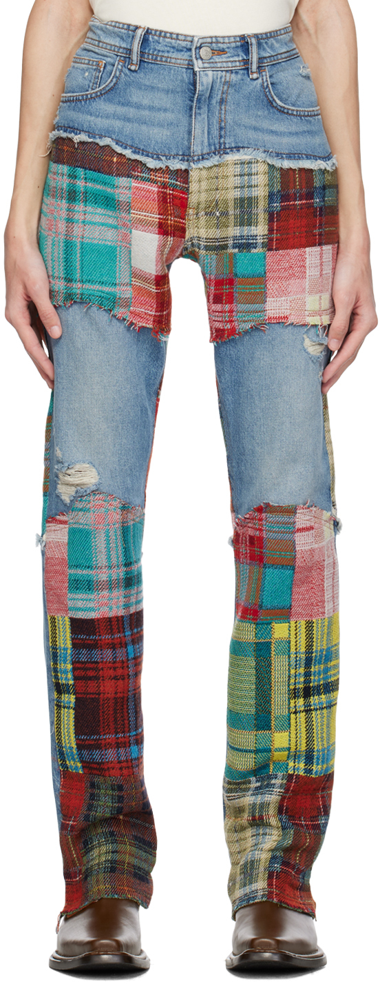 Acne Studios Denim Tartan Patchwork Jeans In Mid Blue