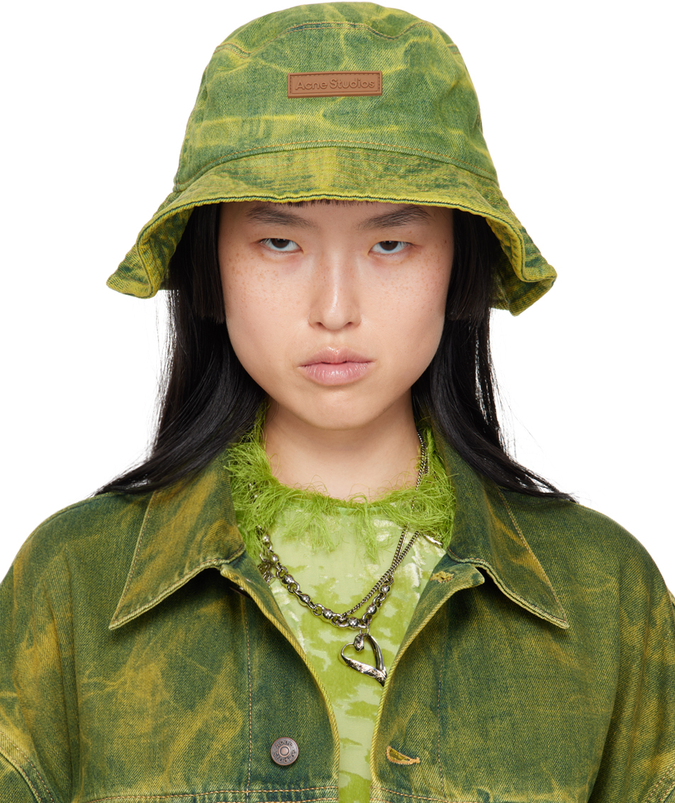 acne studios blue & yellow dyed denim bucket hat