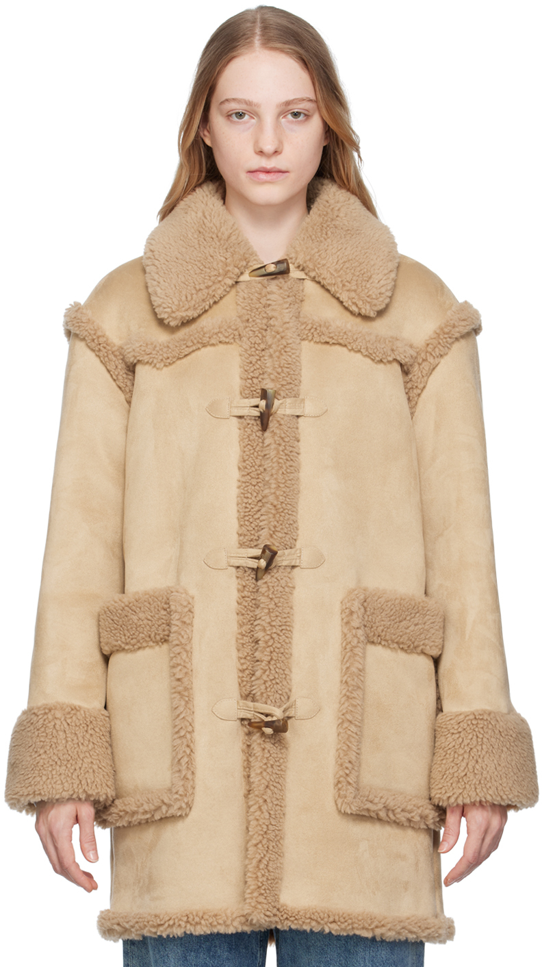 Beige Toggle Faux-Leather Coat