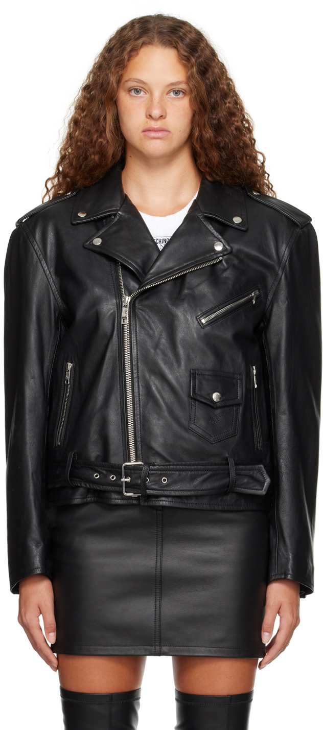 Shop M05ch1n0 Jeans Black Crystal-cut Leather Jacket In A0555 Black