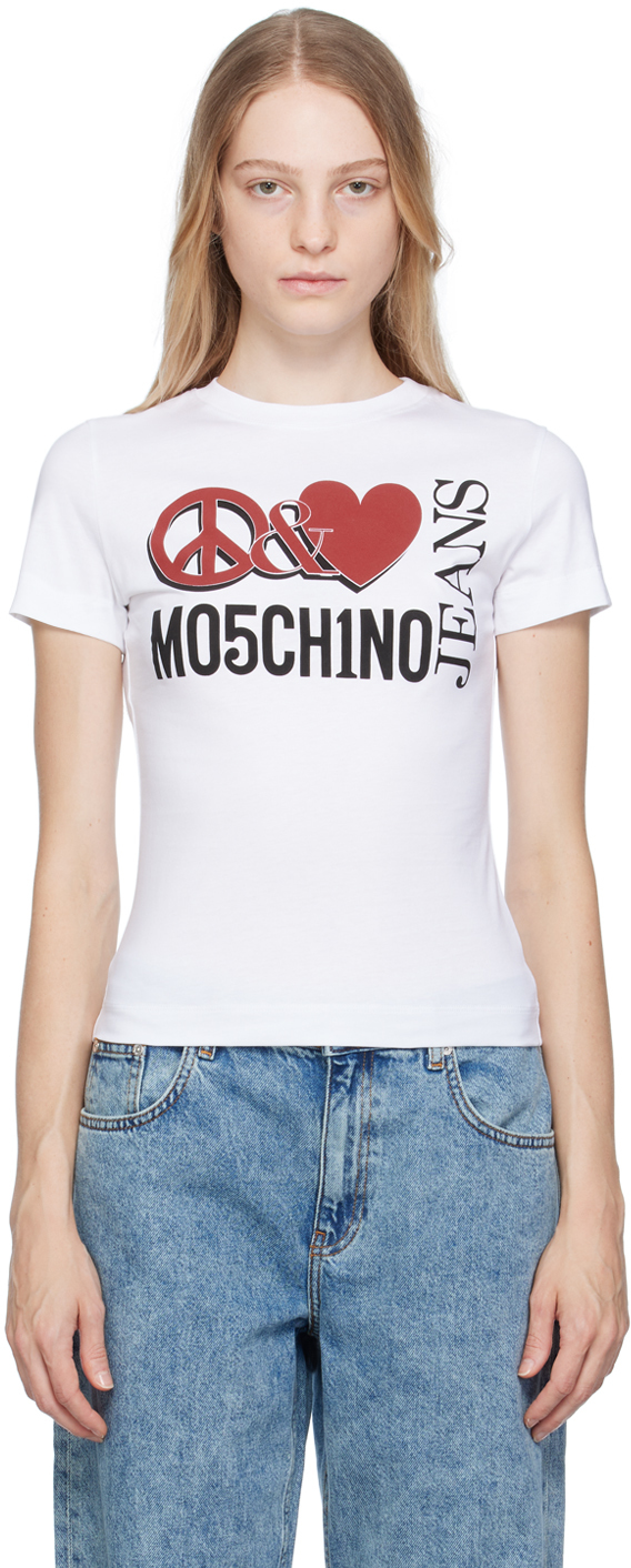 Shop M05ch1n0 Jeans White 'peace & Love' T-shirt In J3001 Fantasy White