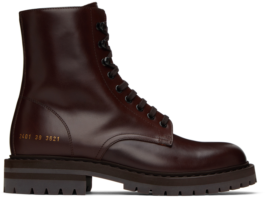 Common Projects Brown Leather Combat Boots In 3621 Brown