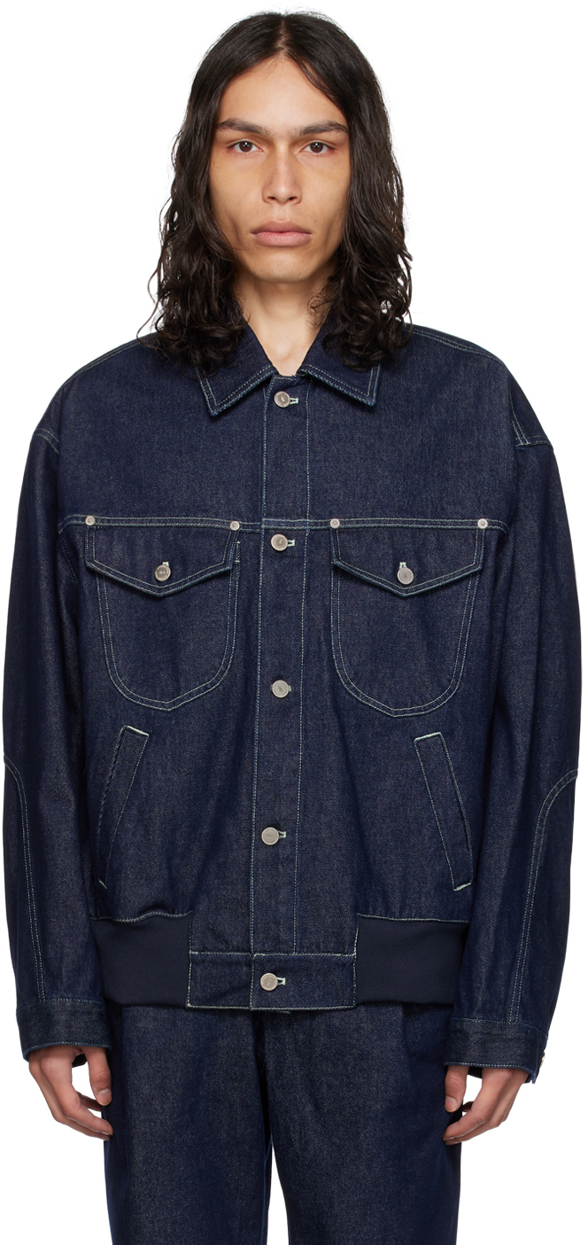 AFTER PRAY: Indigo Contrast Stitching Denim Jacket | SSENSE