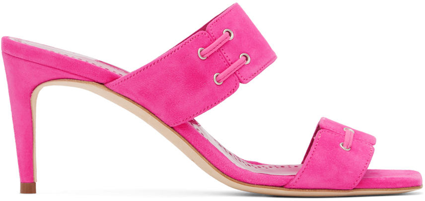 Manolo Blahnik Nebre Suede Eyelet Dual-band Slide Sandals In Pink