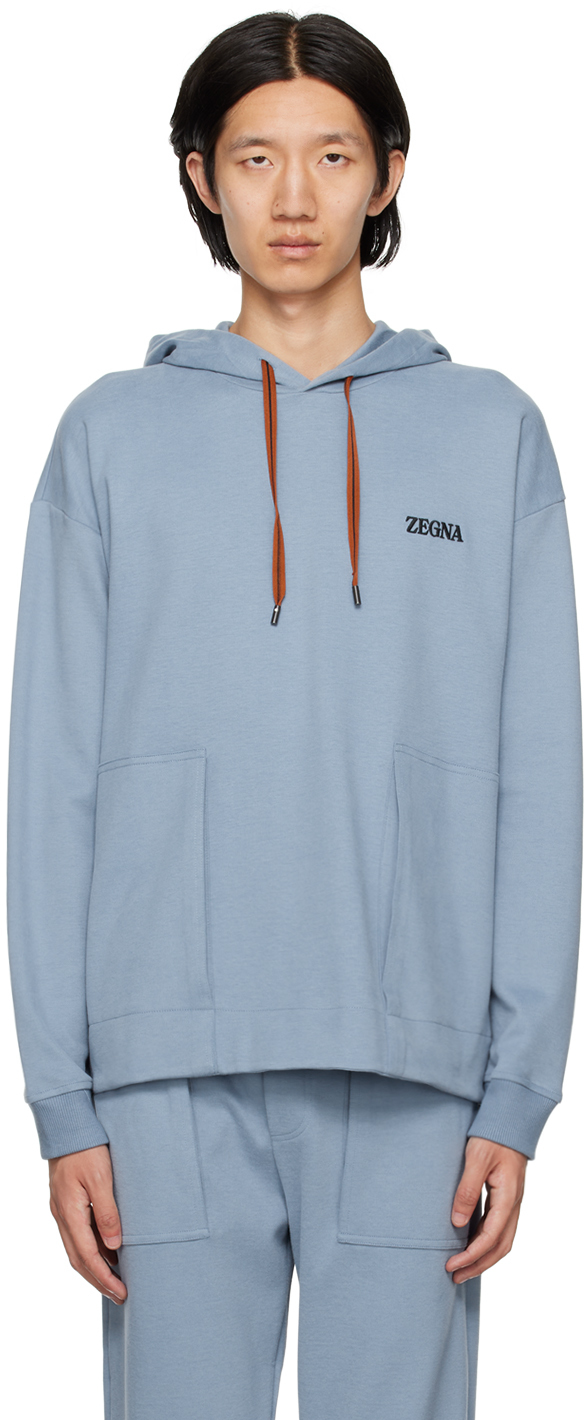 Zegna Logo-embroided Cotton-jersey Hoodie In Blue