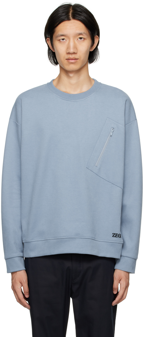 Shop Zegna Blue Crewneck Sweatshirt In 452 Goccia