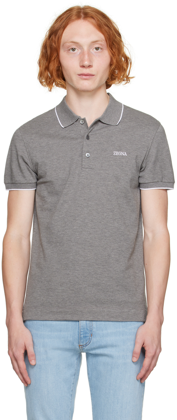 Zegna Gray Embroidered Polo In K95 Grey Melange