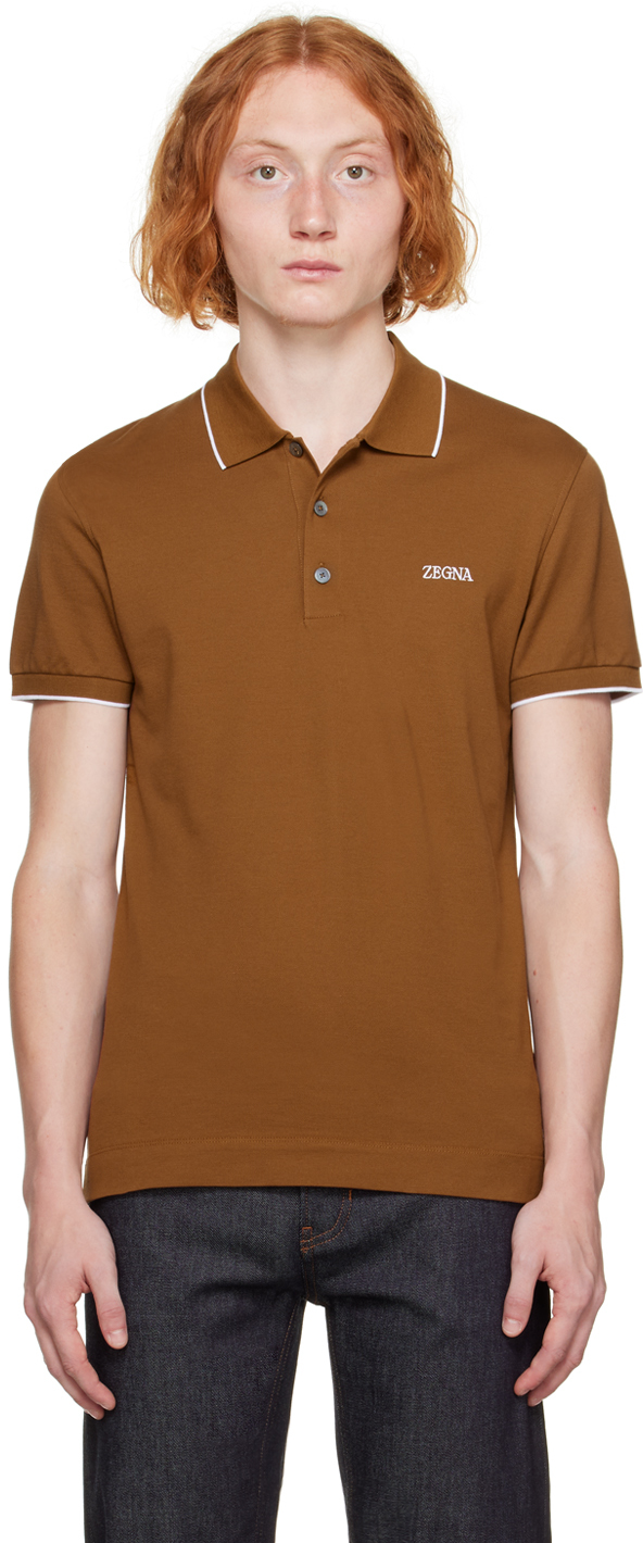 Shop Zegna Brown Embroidered Polo In D05 Vicuna