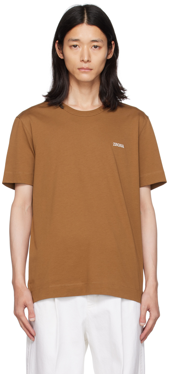 ZEGNA: Brown Embroidered T-Shirt | SSENSE Canada