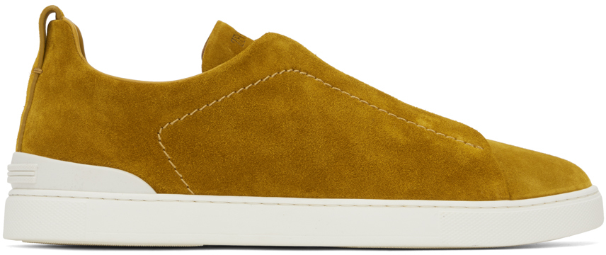 Zegna Yellow Triple Stitch Sneakers In Amy Ocre
