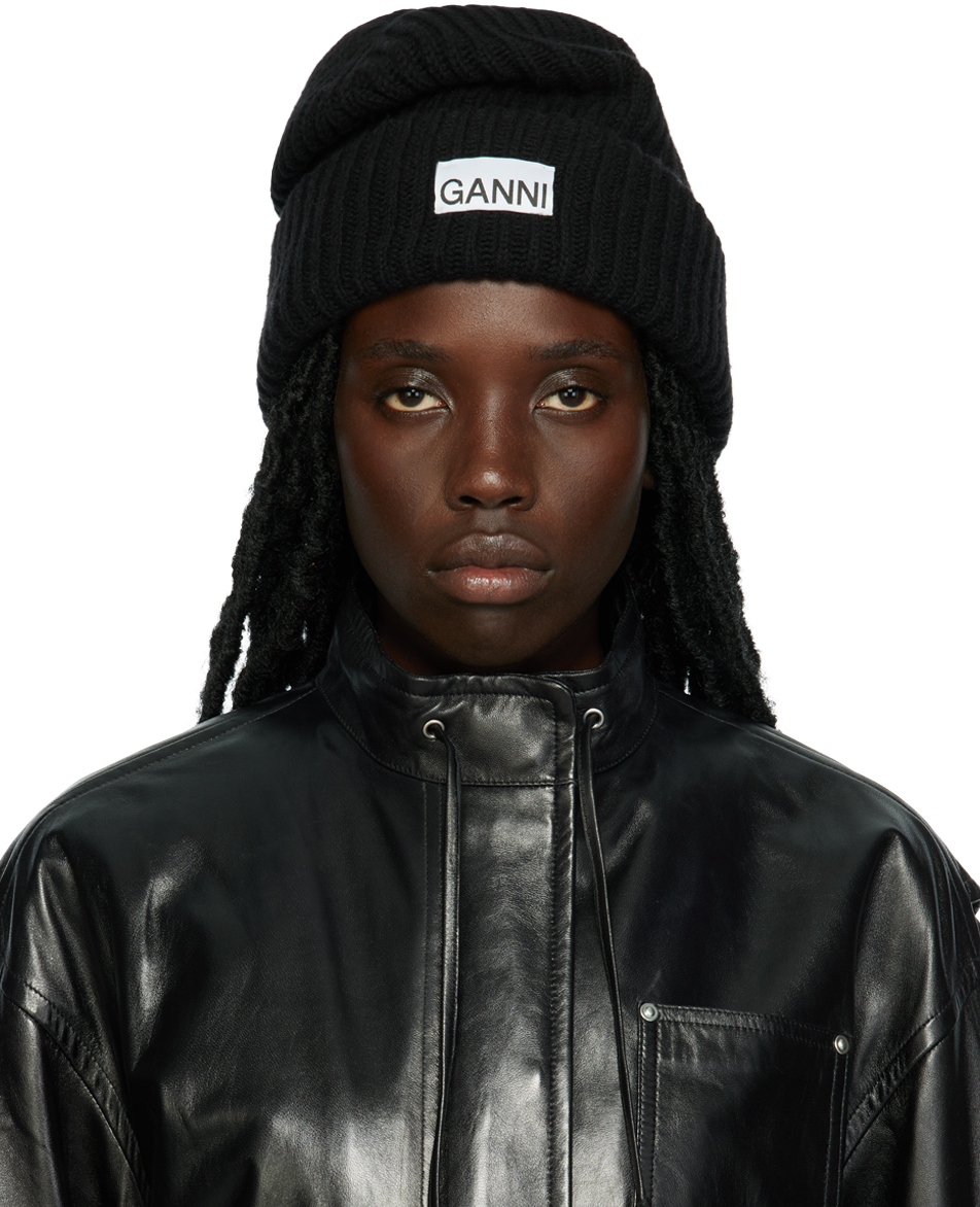 Ganni Wool-blend Ribbed-knit Beanie Hat In 099 Black