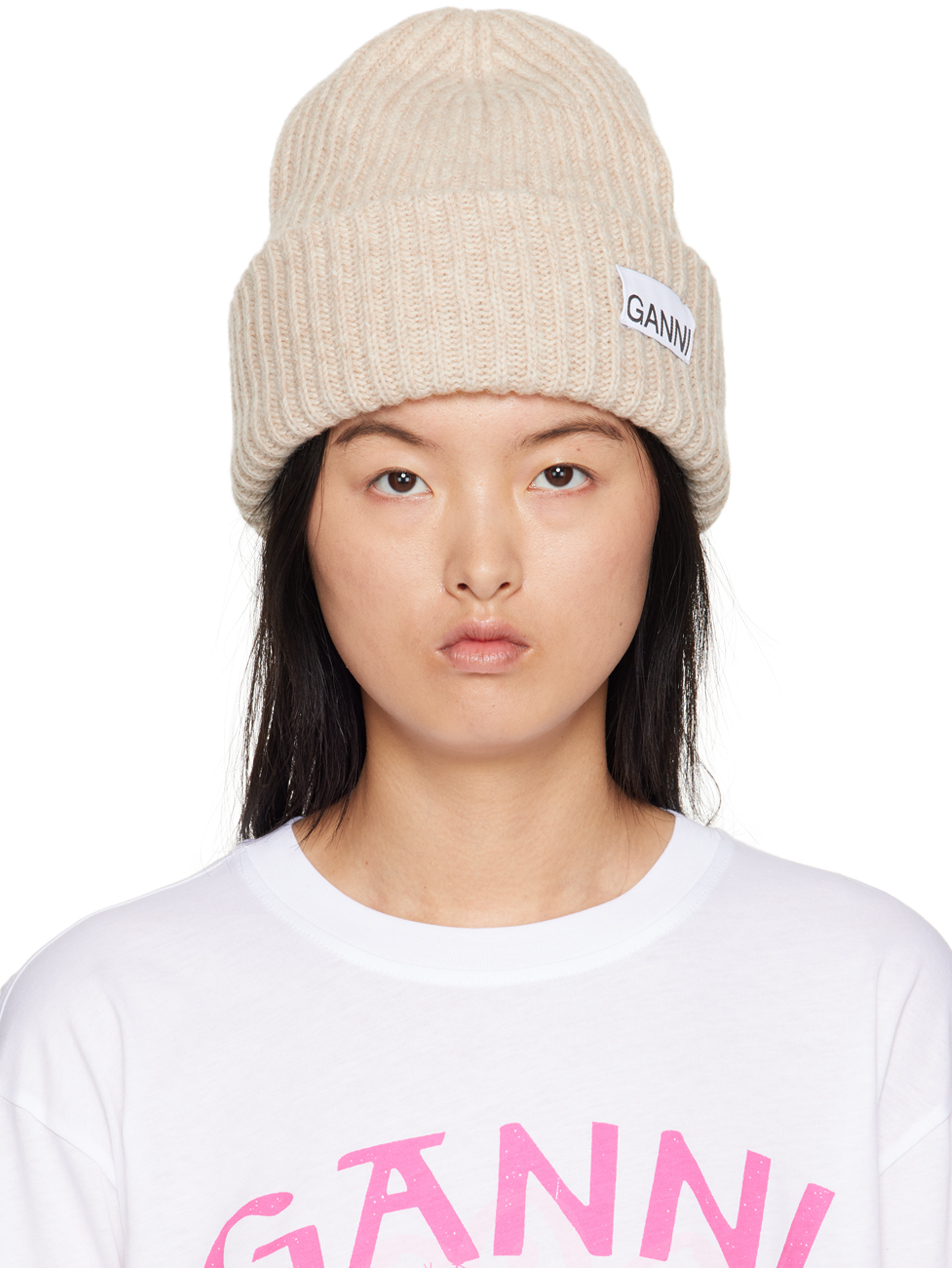 Beige Ribbed Beanie by GANNI on Sale
