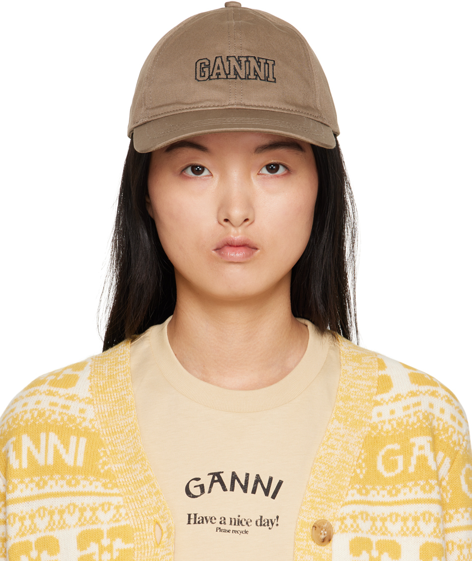Ganni Taupe Embroidered Cap In 189 Fossil