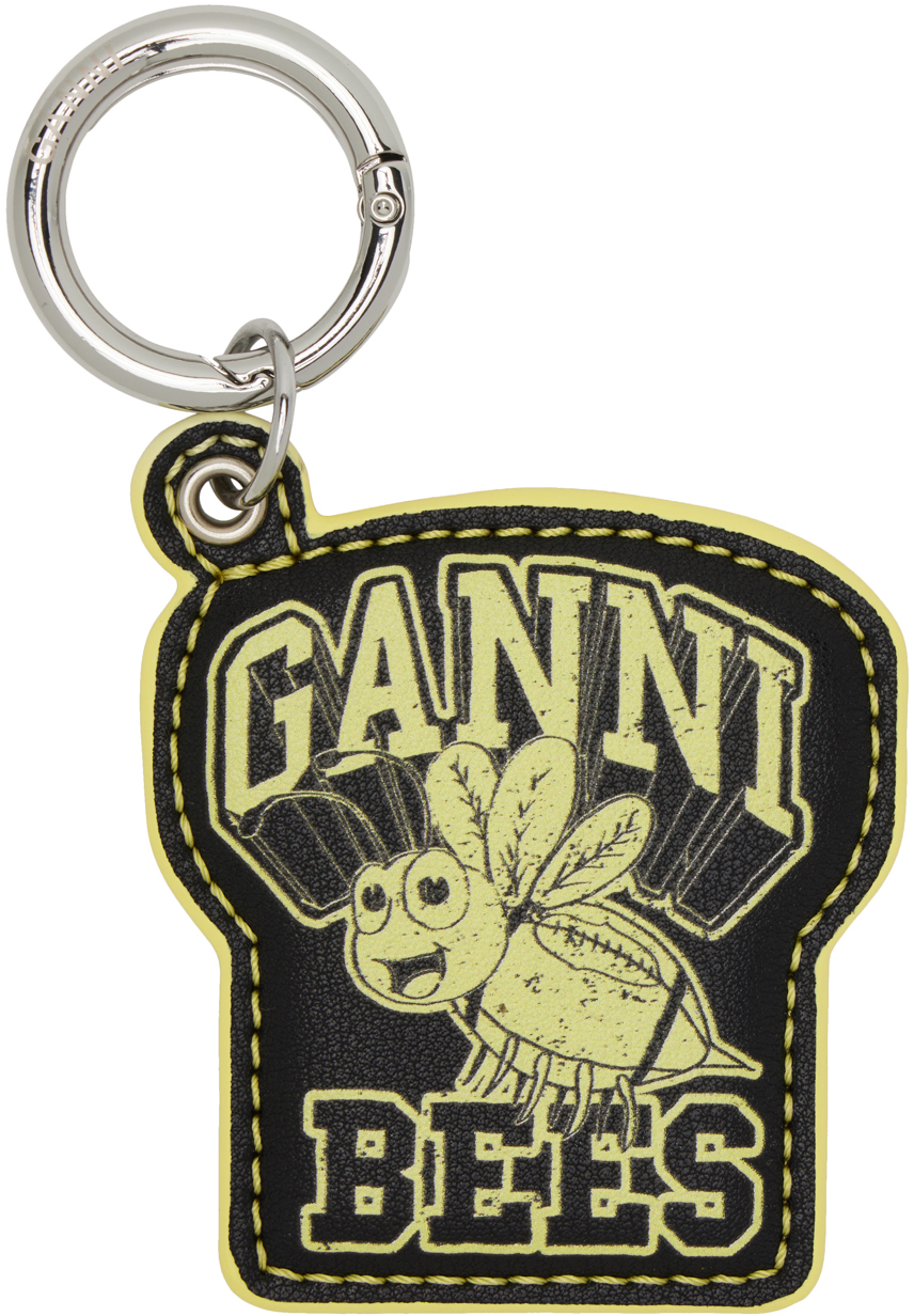 Ganni Bee-print Recycled-leather Keychain In Black