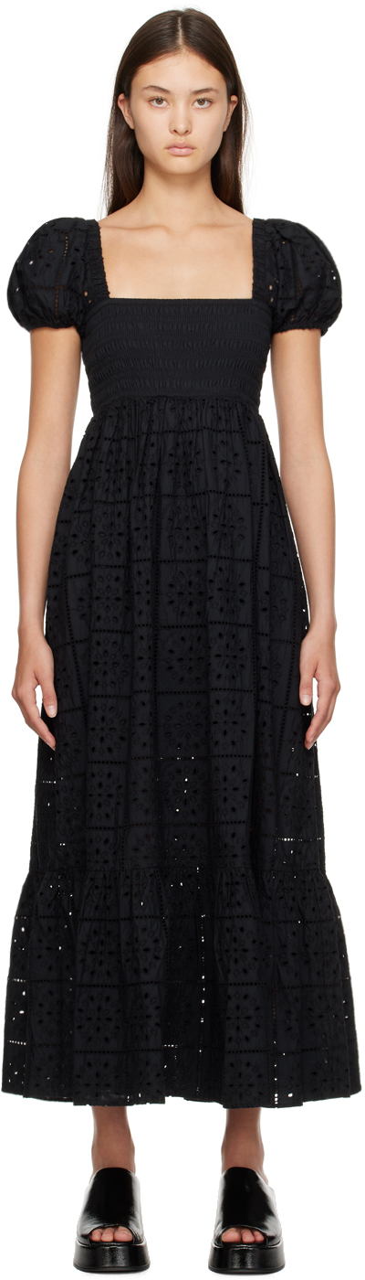 GANNI: Black Broderie Anglaise Maxi Dress | SSENSE