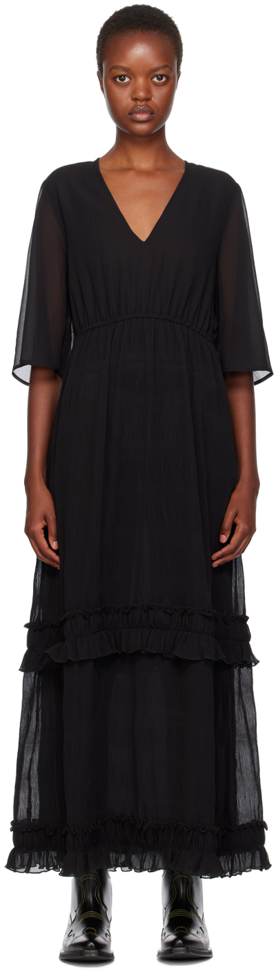 Black Pleated Maxi Dress by GANNI on Sale