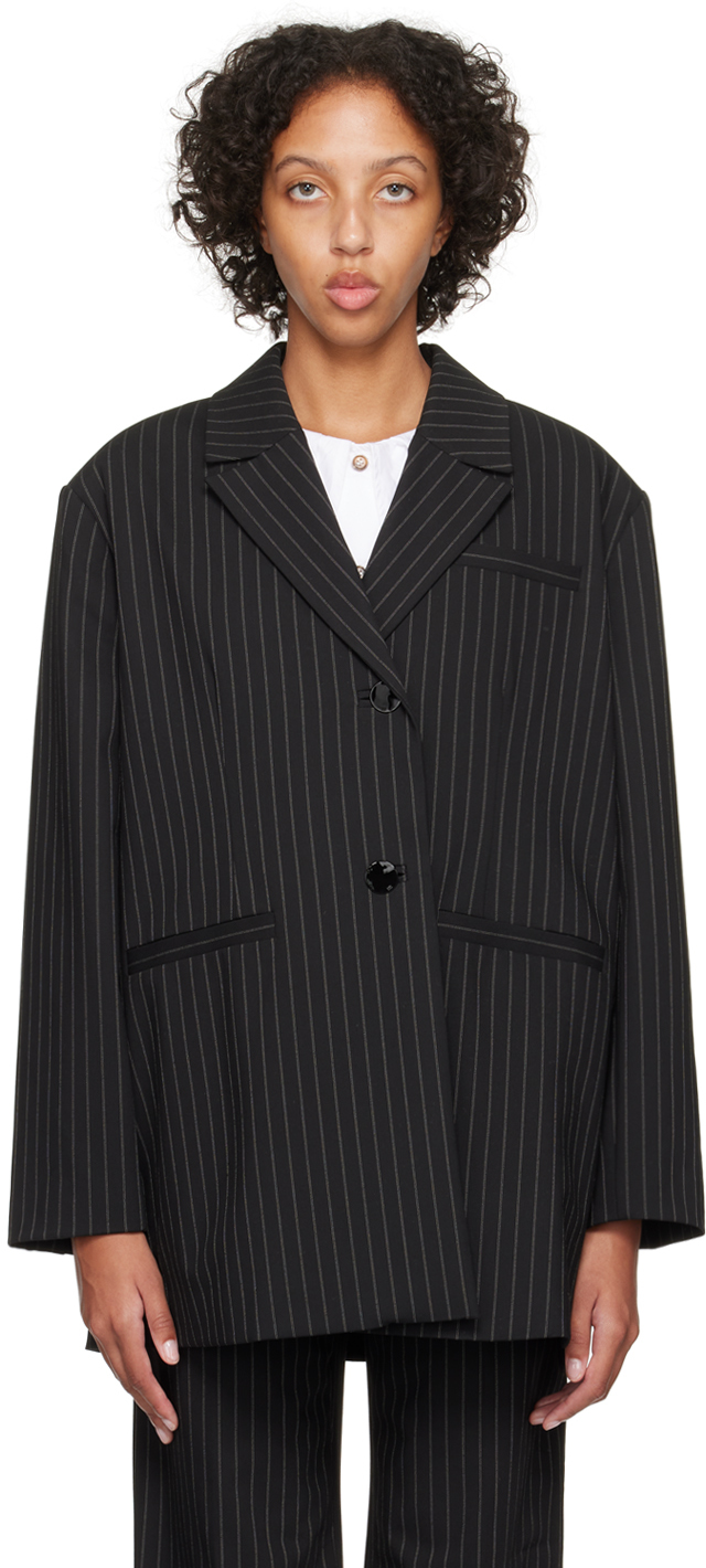 Ganni Black Striped Blazer In 099 Black