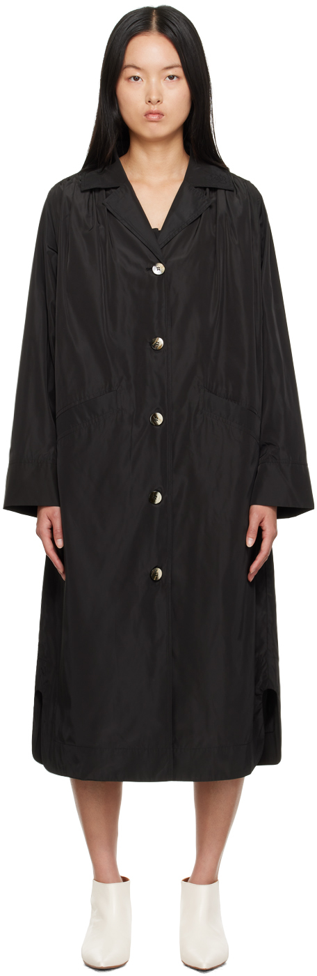 Black Relaxed Coat by GANNI on Sale