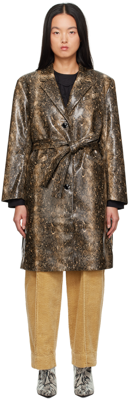GANNI Brown Snake Faux-Leather Coat