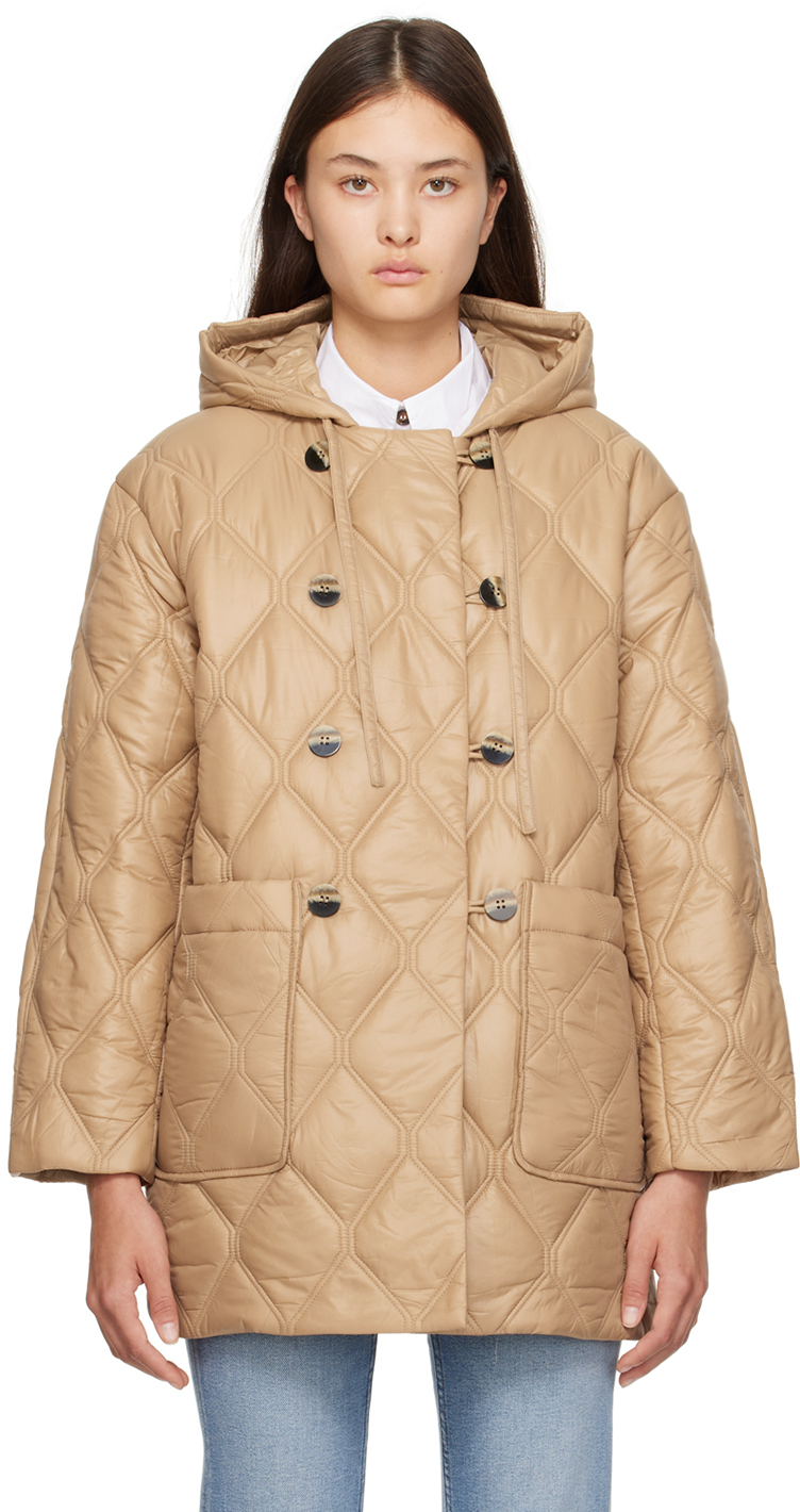 Ganni Shiny Quilt Hooded Jacket In Neutrals