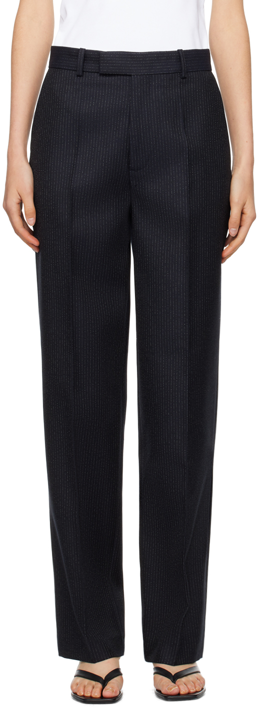 Shop Rohe Navy Tailored Trousers In Navy Pinstripe