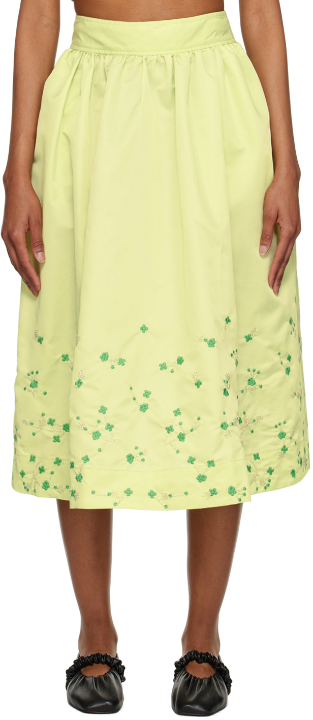 Ganni Floral Embroidered Nylon Midi Skirt In Light Green