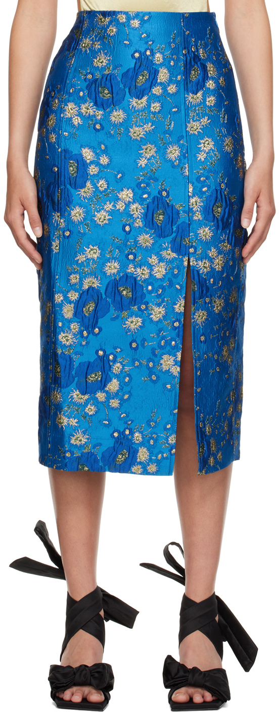 Ganni Blue Floral Midi Skirt In 891 Brilliant Blue