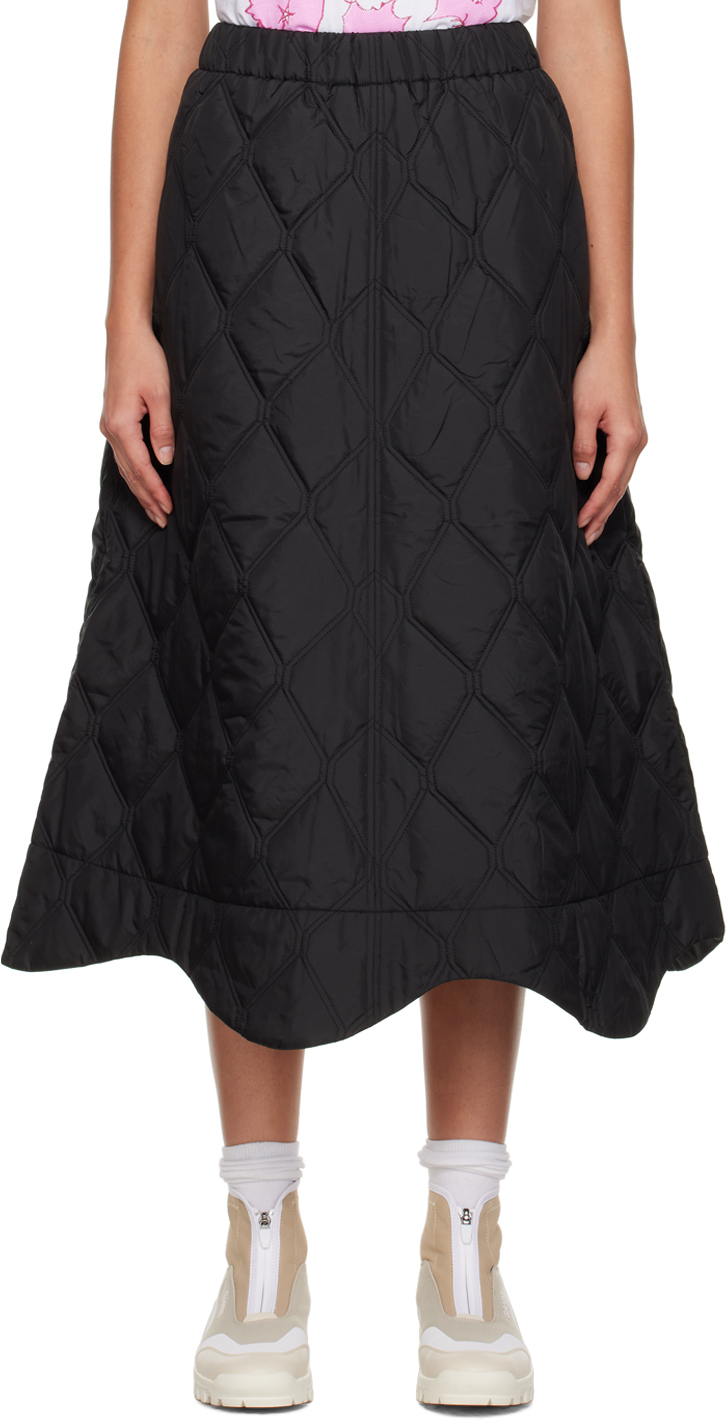 Ganni Black Quilted Midi Skirt In 099 Black