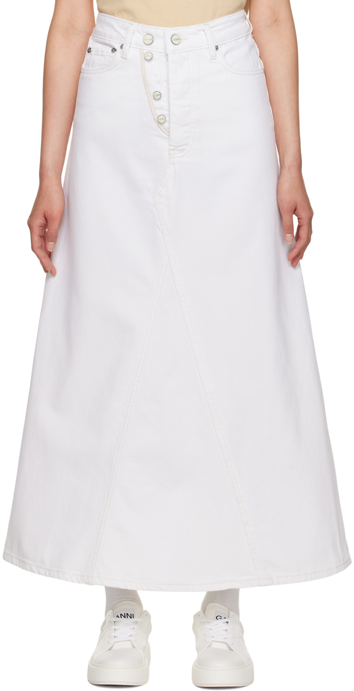 White Double Fly Denim Maxi Skirt