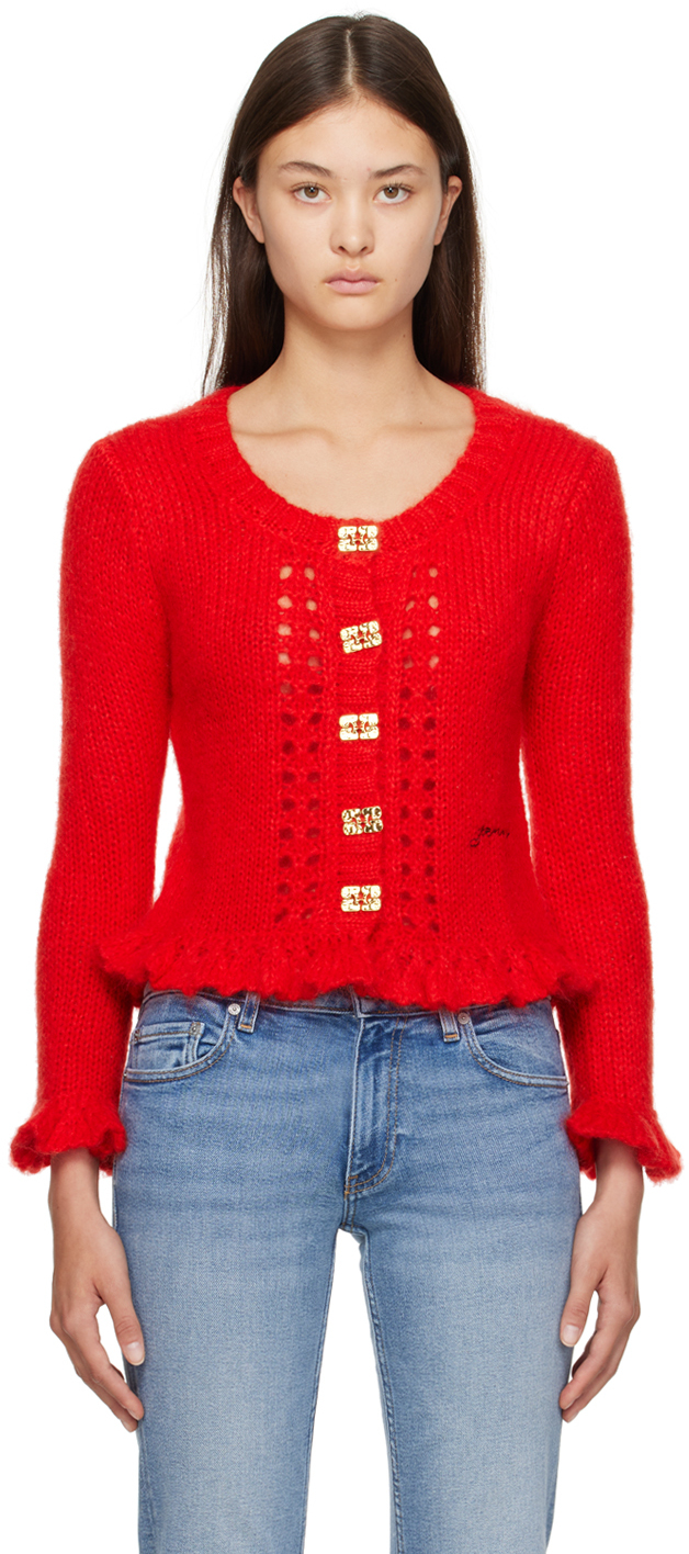Ganni Long Sleeve Red Mohair Cardigan In Racing Red