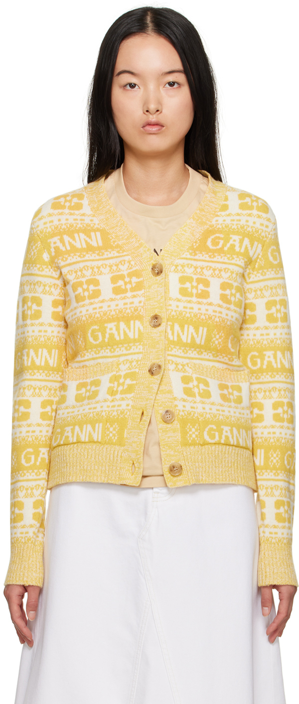Shop Ganni Yellow Button Cardigan In 342 Maize