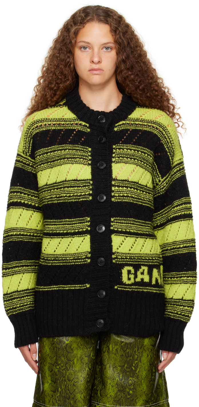 Shop Ganni Green & Black Striped Cardigan In 099 Black
