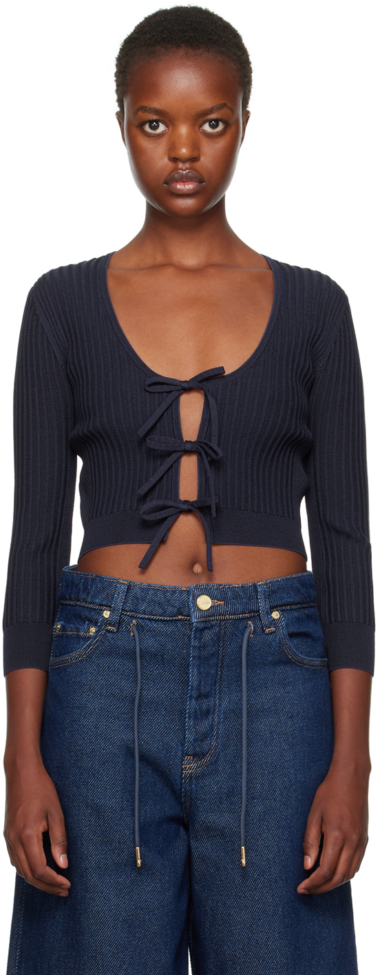 Shop Ganni Navy Cropped Cardigan In 683 Sky Captain
