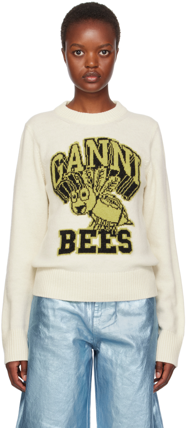 Shop Ganni Off-white 'bees' Sweater In 135 Egret
