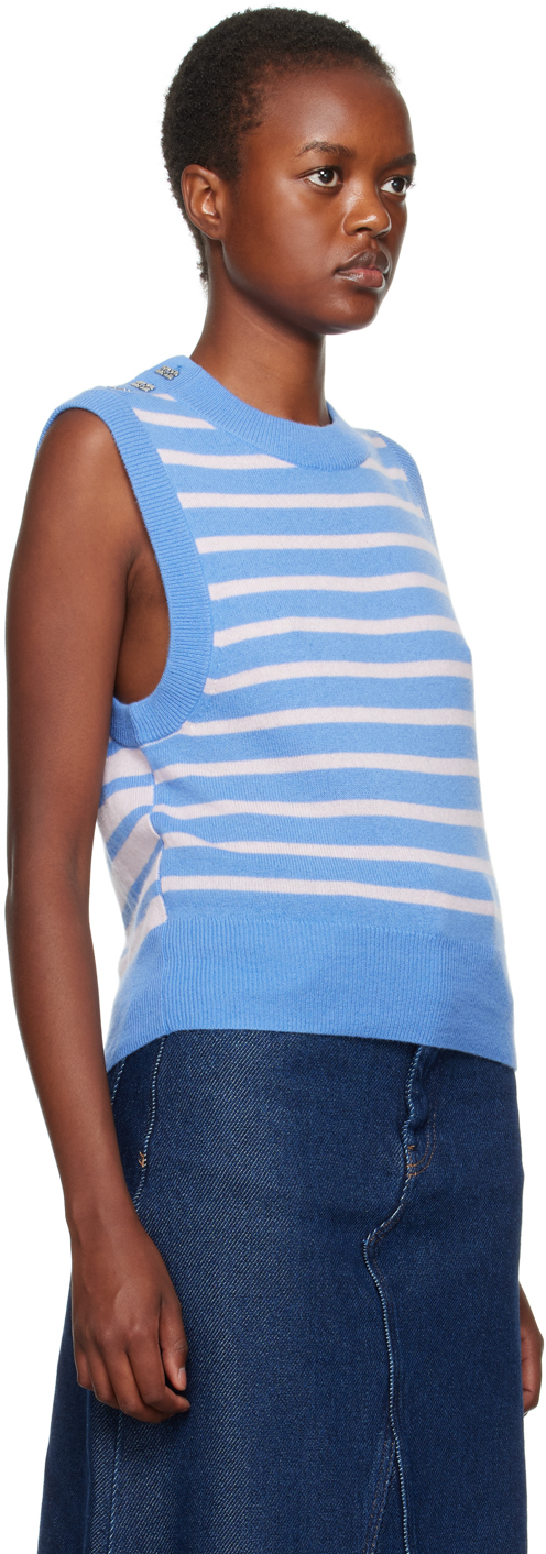 Ganni Crew-neck Striped Knitted Vest In 695 Silver Lake Blue