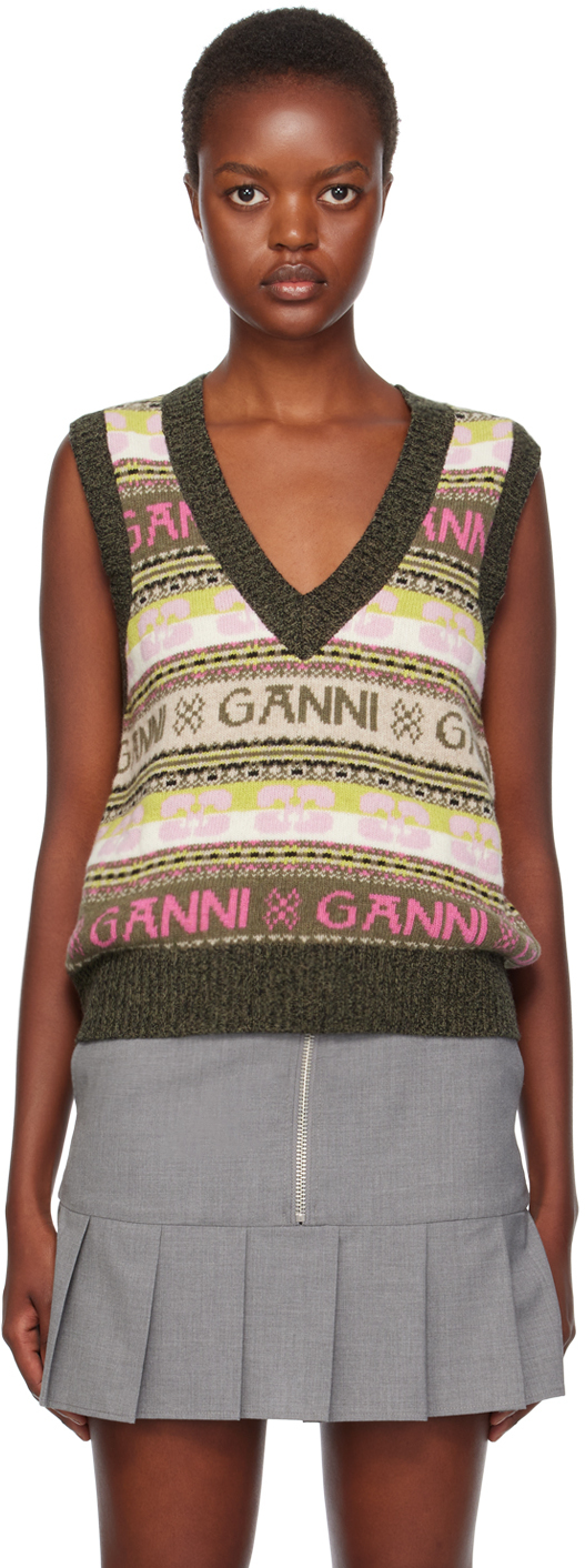 Ganni Logo Wool Blend V-neck Vest In Multicolour