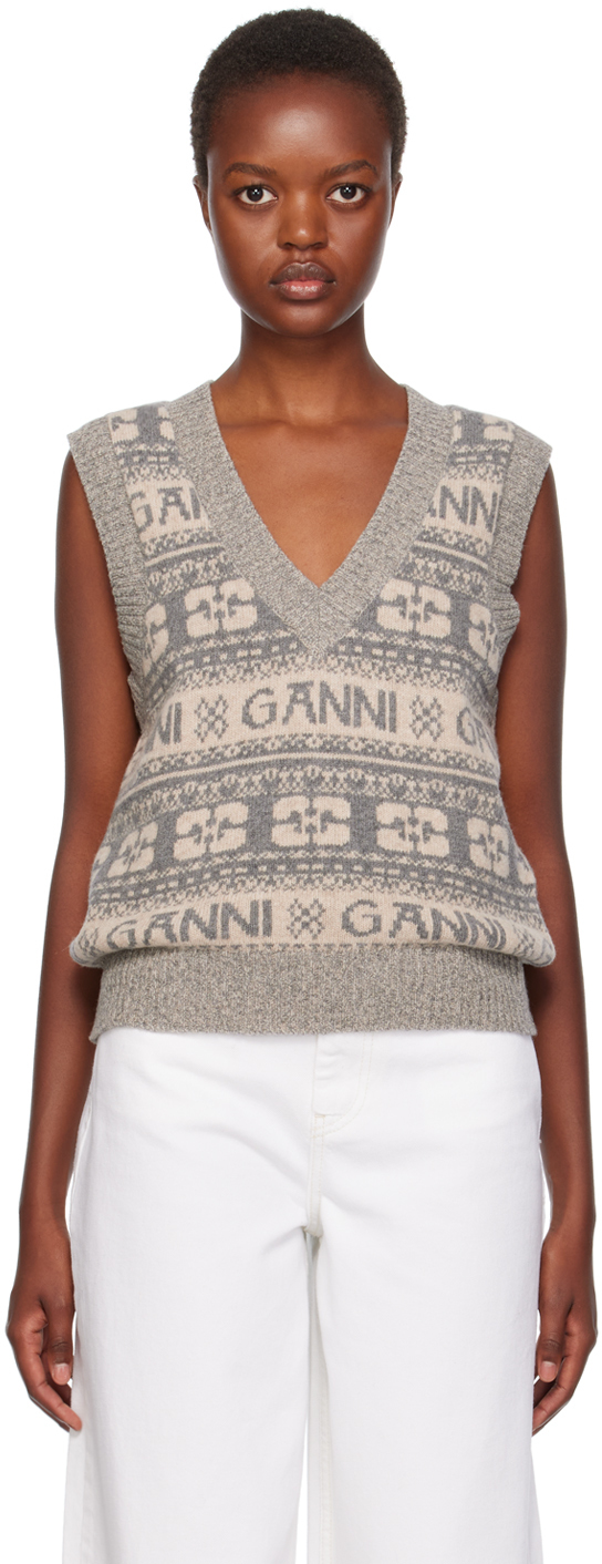 Shop Ganni Gray V-neck Vest In 523 Frost Gray