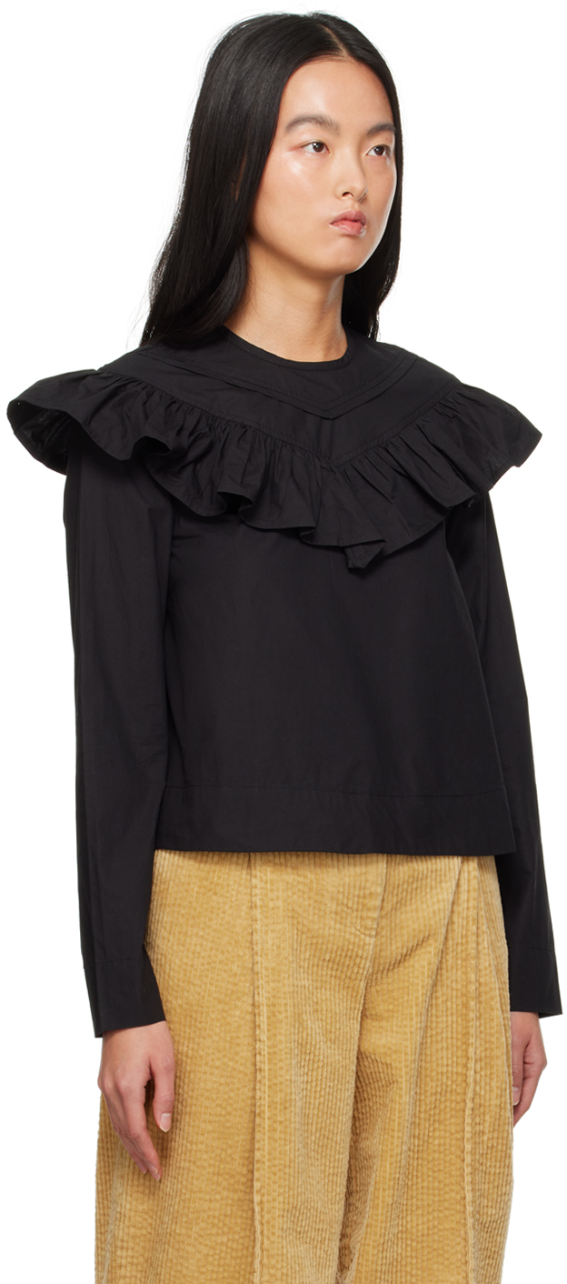 Ganni Long Sleeve Frill Cotton Blouse In 099 Black