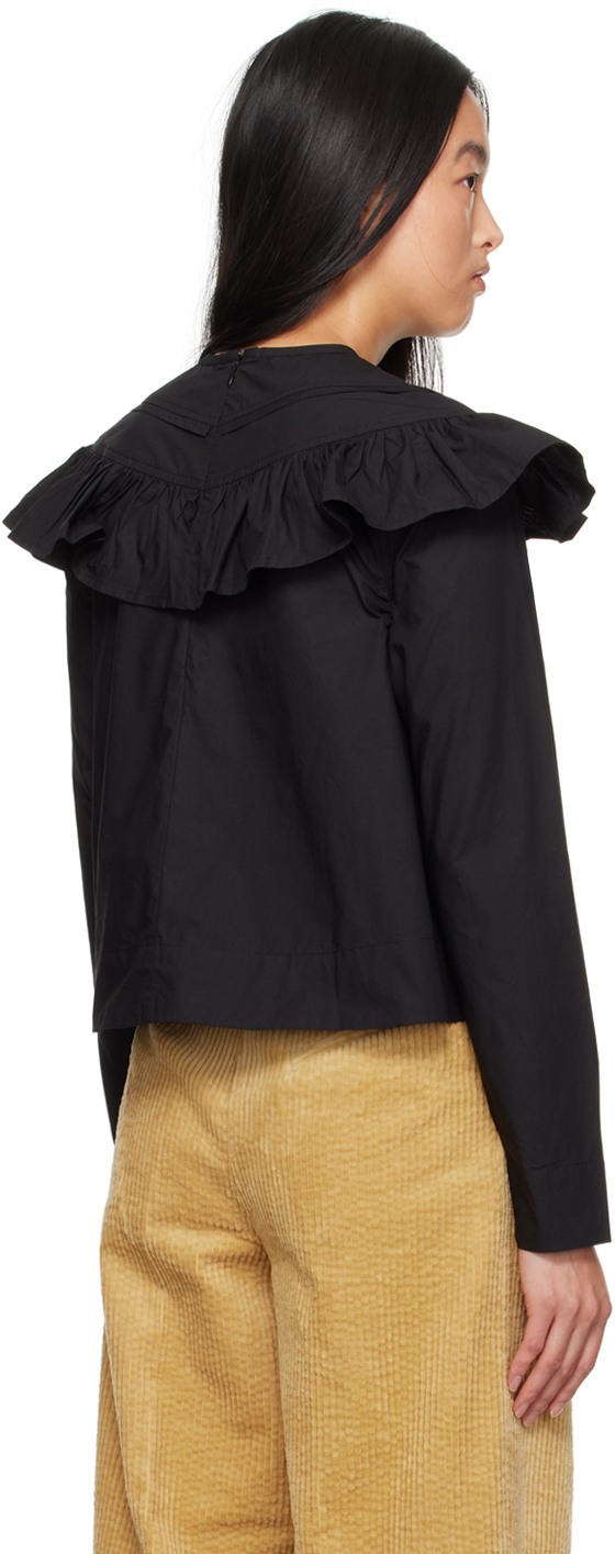 Ganni Long Sleeve Frill Cotton Blouse In 099 Black
