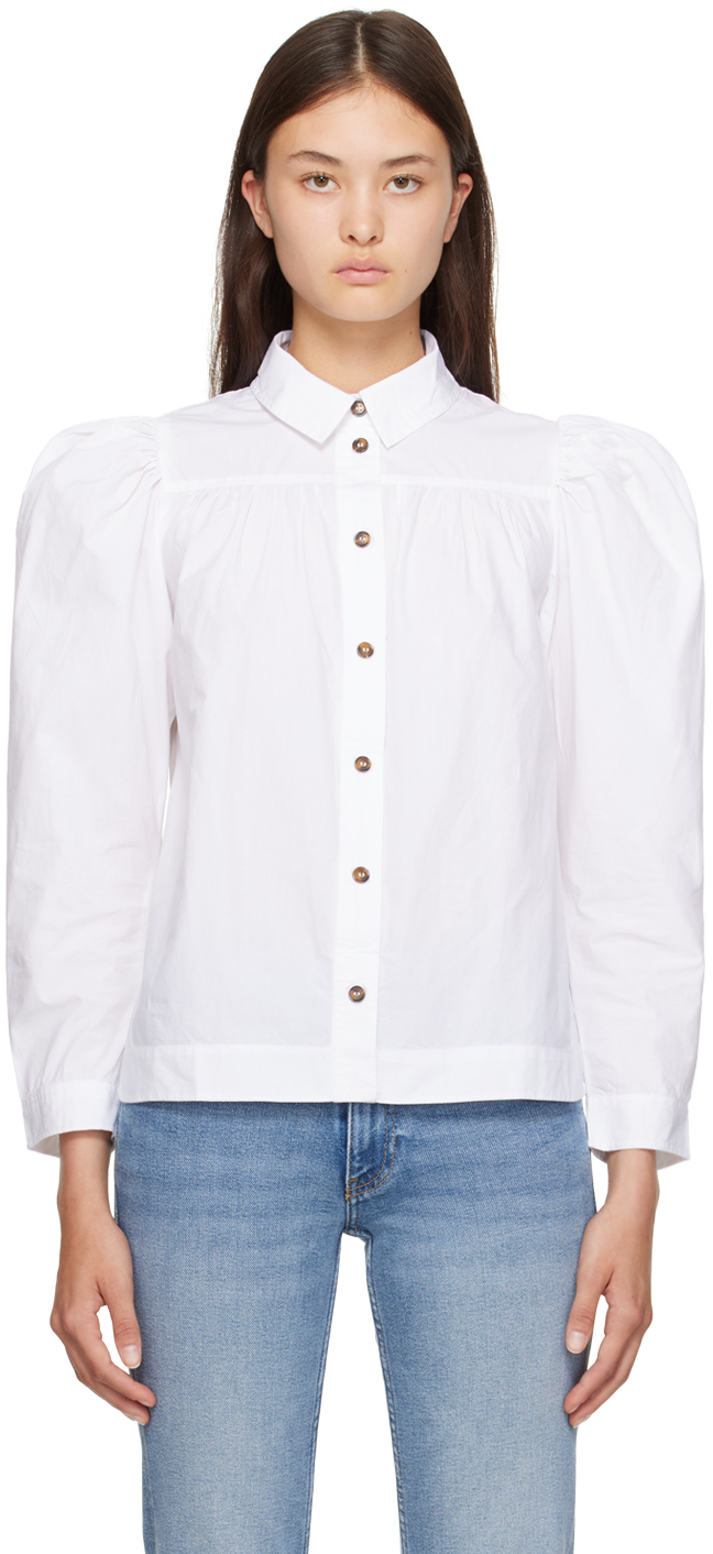 GANNI: White Puff Sleeve Shirt | SSENSE Canada