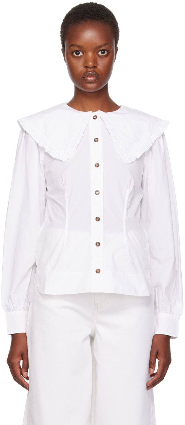 Shop Ganni White Frill Shirt In 151 Bright White